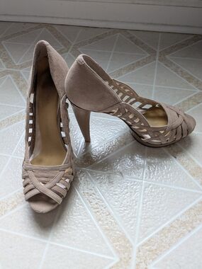 Women's Nude Suede Peep-Toe Cutout Heels